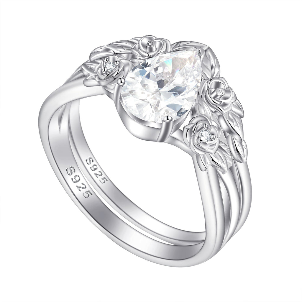 1.5CT Moissanite Flower Teardrop Ring Set